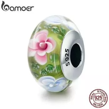 BAMOER Весенняя коллекция Бусины из стерлингового серебра 925 пробы с цветком и лепестком, зеленые бусины из муранского стекла SCZ073