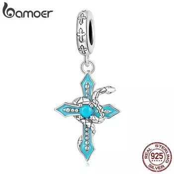 BAMOER Винтаж Стерлингового Серебра 925 пробы Бирюзовый Крест Подвеска подходит DIY Изготовление Браслета и Браслета Змеи Подвески Для Женщин Изящных Ювелирных Изделий Подарок