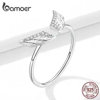 BAMOER Wings Модное кольцо из стерлингового серебра 925 пробы с цирконом, открытое кольцо, регулируемый палец для женщин