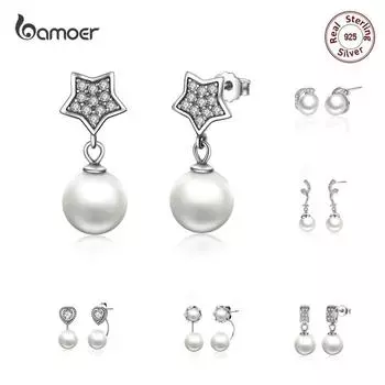 BAMOER Жемчужные серьги Ювелирные изделия Стерлинговое серебро 925 пробы Серьги-гвоздики с белым жемчугом SCE006
