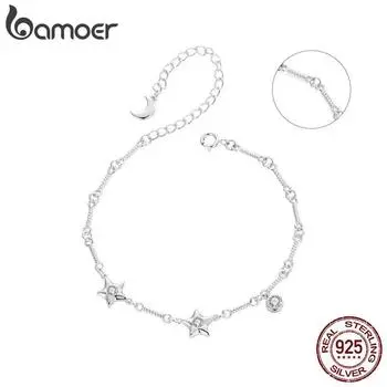 Bamoer Женские браслеты из стерлингового серебра 925 пробы со звездами и бусинами, регулируемая длина, браслет-цепочка с подвесками в подарок SCB278