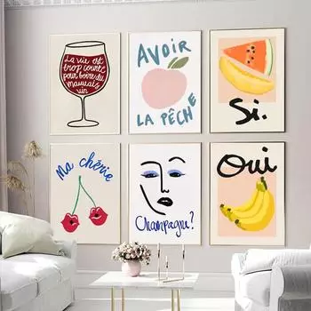 Банан, персик, вишня, шампанское, холст, картина, скандинавская абстрактная линия, постеры для лица, настенные художественные фотографии для гостиной, домашний декор 21x30cm No Framed