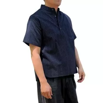 Band Collar Short Made in Kurume Bunjin L [Edoten] Shirt, Sleeve, Japan, Weave, Men s, Kasuri,