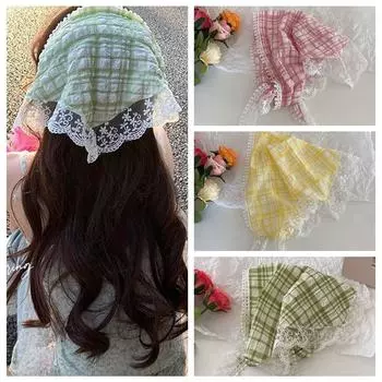 Бандана с решеткой и треугольниками в деревенском стиле, симпатичный кружевной шарф для волос, дорожный розовый