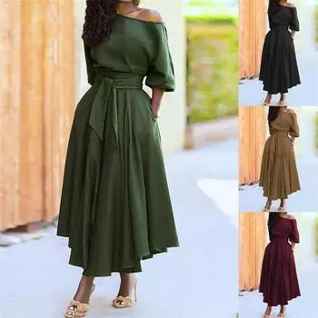 Бандажное платье для женщин, платье на талии, бретели с плечевым воротником, темперамент, однотонное женское модное повседневное свободное платье до щиколотки с короткими рукавами и V-образным вырезом L чёрный