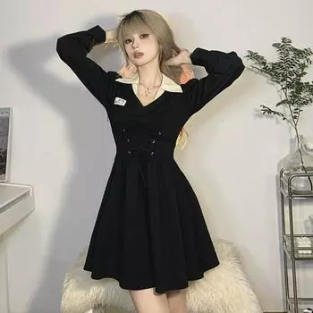 Бандажное школьное платье в студенческом стиле, облегающее мини-короткое платье в консервативном стиле с запахом, милые кавайные наряды, новинка M чёрный