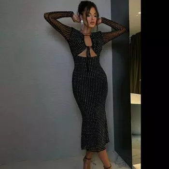 Бандажное вечернее платье с пайетками, блестящая юбка с длинными рукавами, украшенная бисером, милое праздничное клубное платье XL