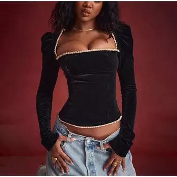 Бандажные футболки с открытой спиной, женские сексуальные квадратные воротники с длинными рукавами, облегающие укороченные топы, женская весенняя милая верхняя одежда S чёрный