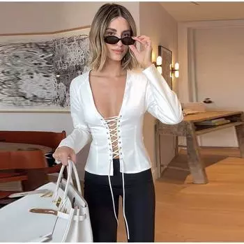 Бандажные рубашки женские сексуальные V-образный вырез длинный рукав тонкий женский бант блузка весна лето High Street шикарный женский топ Mujer XS белый