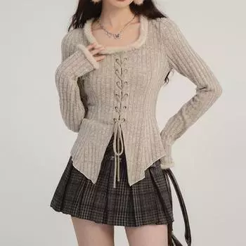 Бандажный вязаный кардиган на шнурке, женский осенне-зимний винтажный кардиган с разрезом, корейская мода, свитера Y2k, нижняя рубашка, топ S хаки