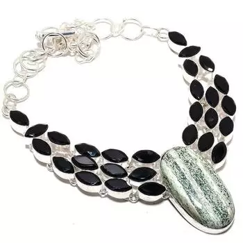 Banded Green Jasper, Black Onyx 925 Sterling Silver Jewelry Necklace 18 MQ-1201 18 зелёный