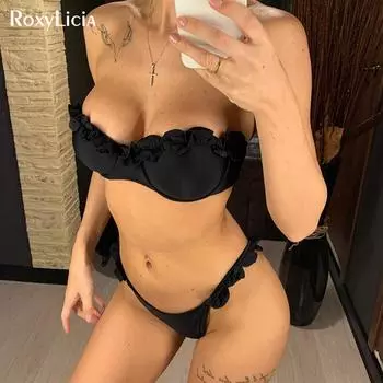 Бандо бикини пуш-ап купальник женский купальник женский комплект бикини с высоким вырезом купальный костюм с рюшами купальный костюм S чёрный