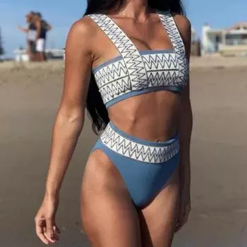 Бандо с широкими бретелями, бикини для девочек, синий комплект, 2 бюстгальтера с геометрическим принтом, высокий M синий