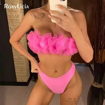 Бандо средней талии бикини женский купальник женский купальник бикини комплект цветок без бретелек купальный костюм S чёрный