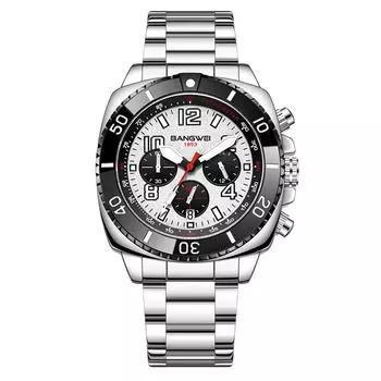 BANGWEI 2025 Модные мужские часы Водонепроницаемые светящиеся спортивные мужские кварцевые часы с хронографом серебряный/чёрный
