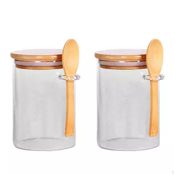 Банка для хранения продуктов герметичная стеклянная с крышкой 600 мл, простой прозрачный бамбук и ложка для чая 3pcs