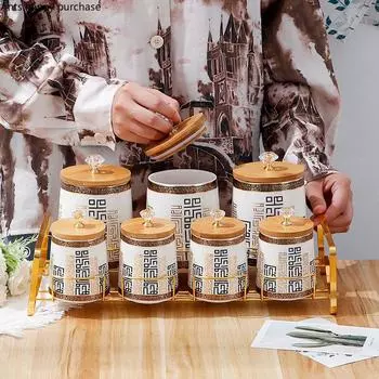 Банка для хранения с бамбуковой крышкой, керамическая герметичная банка, органайзер для хранения кухонных принадлежностей, контейнеры для хранения продуктов, банки для специй, чайная банка чёрный