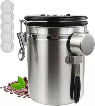 Банка для кофе 1500 мл, контейнер для хранения кофейных зерен, герметичный контейнер со сменным клапаном, ложка в комплекте, 500 г, контейнер для чая, сладости, сахар, ароматизатор, дата