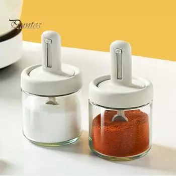 Банка для приправ, стеклянная бутылка для специй, большая емкость, прозрачный корпус, телескопическая ложка, крышка, герметичная, влагостойкая, бытовая кухонная коробка для хранения соли белый