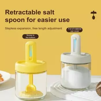 Банка для приправ, стеклянная бутылка для специй, большая емкость, прозрачный корпус, телескопическая ложка, крышка, герметичная, влагостойкая, бытовая кухонная коробка для хранения соли белый