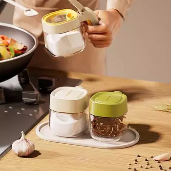 Банка для специй One-Touch Open Kitchen - прозрачное стекло с ручкой, откидная крышка, контейнер для специй с ложкой