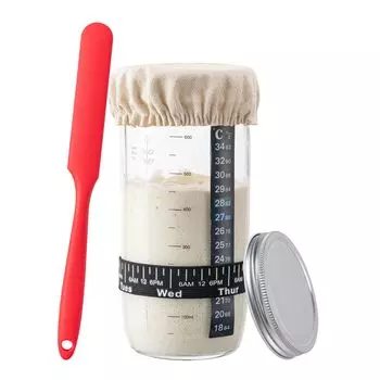 Банка для закваски объемом 24 унции с лентой для кормления с маркировкой даты, термометром, тканевым чехлом и металлической крышкой. Идеально подходит для выпечки хлеба на закваске. 701-800ml