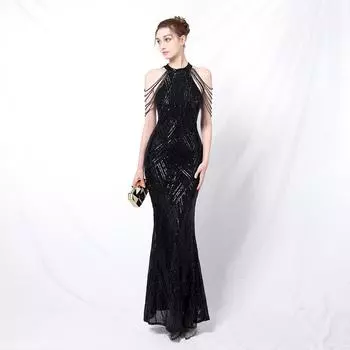 Банкетное элегантное длинное вечернее платье с пайетками и рыбьим хвостом S белый