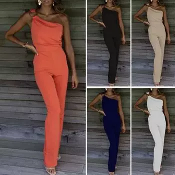 Банкетный комбинезон на одно плечо Облегающий сексуальный дышащий прочный шов сплошной цвет с большим декором на обруче Slim Fit без рукавов Комбинезон для выпускного вечера Повседневная одежда L чёрный