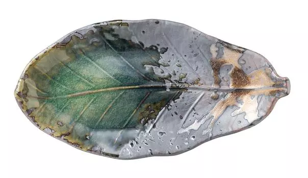 Banko Iga Magnolia long long square diameter made in Japan 16052 ware, Kinsai, leaves, multi-use plate, plate, approx. 27.5cm,