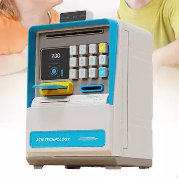 Банкомат Копилка Развивающие Игрушки с Картой, Паролем, Электронная Копилка Для Сбережений Денег На Веках синий