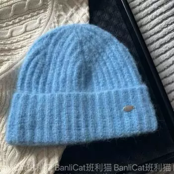BanliCat2024 autumn and winter white blue wool hat men s and women s warm knitted hat big head cold hat small face One size fits all (54-62cm) синий