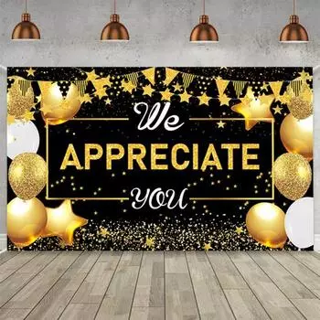 Баннер-баннер «Мы ценим вас» Яркий цветной фон с признательностью сотрудников Ткань для фотографии золотистый/чёрный