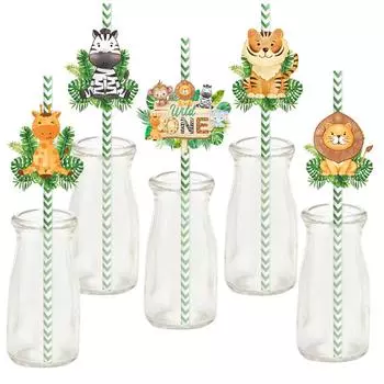 Баннер для фото на вечеринку в стиле сафари, обертки для кексов, украшения для торта в виде животных, бумажные соломинки для детей, украшения для дня рождения в стиле джунглей