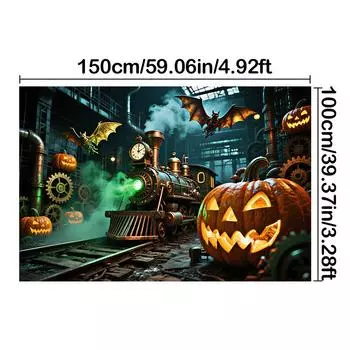 Баннер для Хэллоуин-вечеринки - Техно-стиль - Дизайн с поездом, тыквой-фонарем, летучей мышью для фотобудки, вечеринки, декора на Хэллоуин, праздничного мероприятия 150*100cm/59*39in/5*3ft