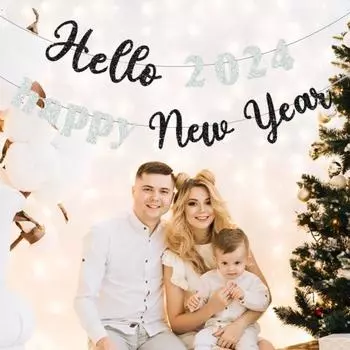 Баннер-флаг с буквами счастливого года, блестящий, легко повесить, создает атмосферу, яркие украшения для вечеринки, баннер-флаг чёрный/розовый