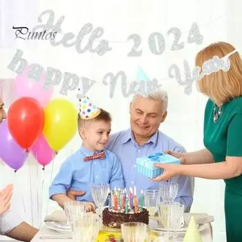 Баннер Флаг С Новым годом Буквы Блестящие Легко повесить Создать атмосферу Яркие украшения для вечеринки Баннер Флаг серебряный