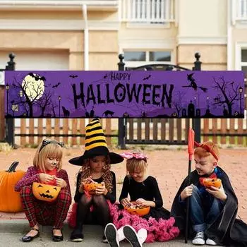 Баннер на Хэллоуин Украшение на открытом воздухе Счастливого Хэллоуина Подвесной баннер Ведьма Летучая мышь Мертвое дерево Приветственный знак