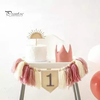 Баннер на стульчик для первого дня рождения, гирлянда с кисточками для девочек, ручной работы, декор для вечеринки в стиле бохо, детский душ, флаг на день рождения, комплект потолочного баннера для комнаты розовый