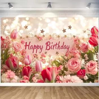 Баннер «С днем рождения» для женщин, декор на день рождения, розовые розы, тюльпаны, тематические флажки, украшения на годовщину 180x110cm