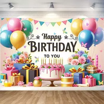 Баннер «С днем рождения» Украшение вечеринки по случаю дня рождения Фон Торт Воздушные шары Тема Флажки Украшения для юбилейной вечеринки 180x110cm