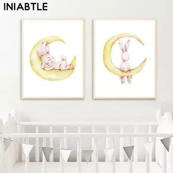 Банни Кролик Луна Настенная Картина Животное Холст Плакат Детская Принт Минималистичная Акварельная Живопись Скандинавская Детская Комната Декор 21cm30cm NoFrame