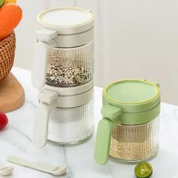 Баночка для приправ Прозрачная пыленепроницаемая влагостойкая Утолщенная Хорошо Герметичная Прессованная с ложкой Большая емкость Бутылка для хранения сахара, соли и порошка Приправа зелёный