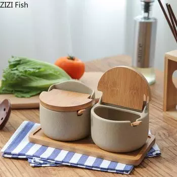 Баночка для специй в японском стиле из серой керамики, банка для сахара/соли, кухонный инструмент для хранения приправ с крышкой