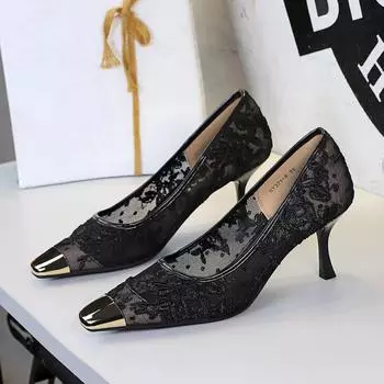 Banquet Shallow Mouth High Heels Metal Small Square Head Mesh Women s Shoes Thin Heel Temperament High Heel Single Shoes 34