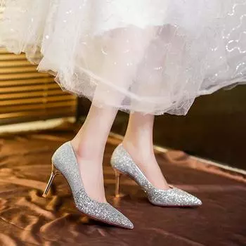 Banquet wedding shoes sequined crystal He Xiu gradual change versatile bridesmaids not tired feet women s high heels 34 серебряный