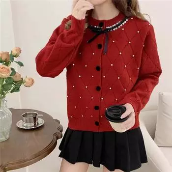 Бант бусины вокруг шеи осень и зима новый длинный рукав свитер небольшой аромат темперамент элегантный вязаный кардиган женская одежда one size fits all