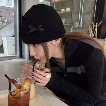 Бант лента украшение милая прохладная девушка ветер холодная шапка универсальная атмосфера вязаная шапка ins блоггер сумка головной убор M56-58cm чёрный