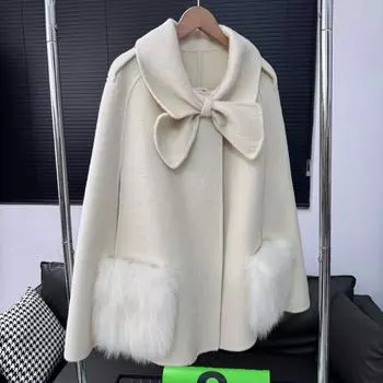 Бант, зимнее кашемировое пальто, новый карман из натурального меха лисы, двухстороннее твидовое пальто, шерстяной плащ, мех. one size fits all слоновая кость