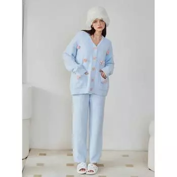 Бантик декоративный осень и зима новый свободный утолщенный полубоковой бархатный костюм толстый милый кардиган высококачественная домашняя одежда One Size