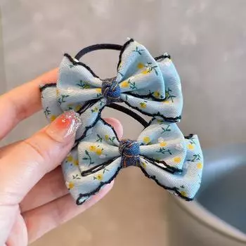 Бантик из джинсовой ткани с цветочным принтом в корейском стиле на липучке, детская резинка для волос с кружевом, аксессуар для волос для девочки Size fits all